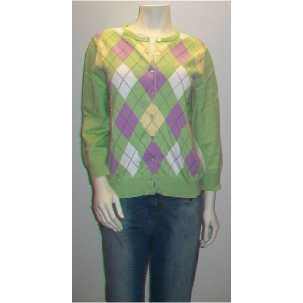 Preppy Mint Green Purple Argyle Cardigan Sweater